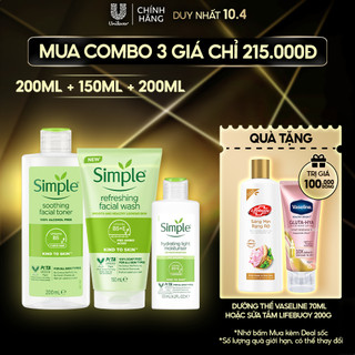 Combo Simple Sữa rửa mặt 150ml + Nước hoa hồng 200ml + Sữa dưỡng dạng sữa 125ml