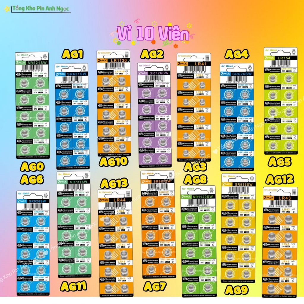 Vỉ 10 Viên Pin Cúc Áo AG0/LR521 AG1/LR621 AG2/LR726 AG3/LR41 AG4/LR626 AG5/LR754 AG6 AG7 AG8 AG9 AG10 AG11 AG12 AG13