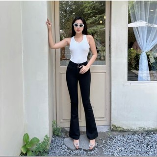 40-70kg Quần jean nữ ống loe dài lưng cao màu đen