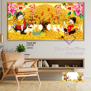 Tranh đính đá 2 ông thần tài tấn tài tấn lộc, cây tiền d9768 100x55 cm