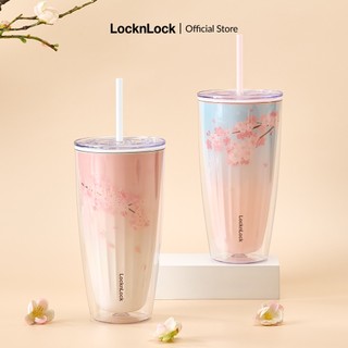 Ly nhựa 2 lớp Lock&Lock Cherry Blossom double wall cold cup 750ml kèm ống hút HAP522
