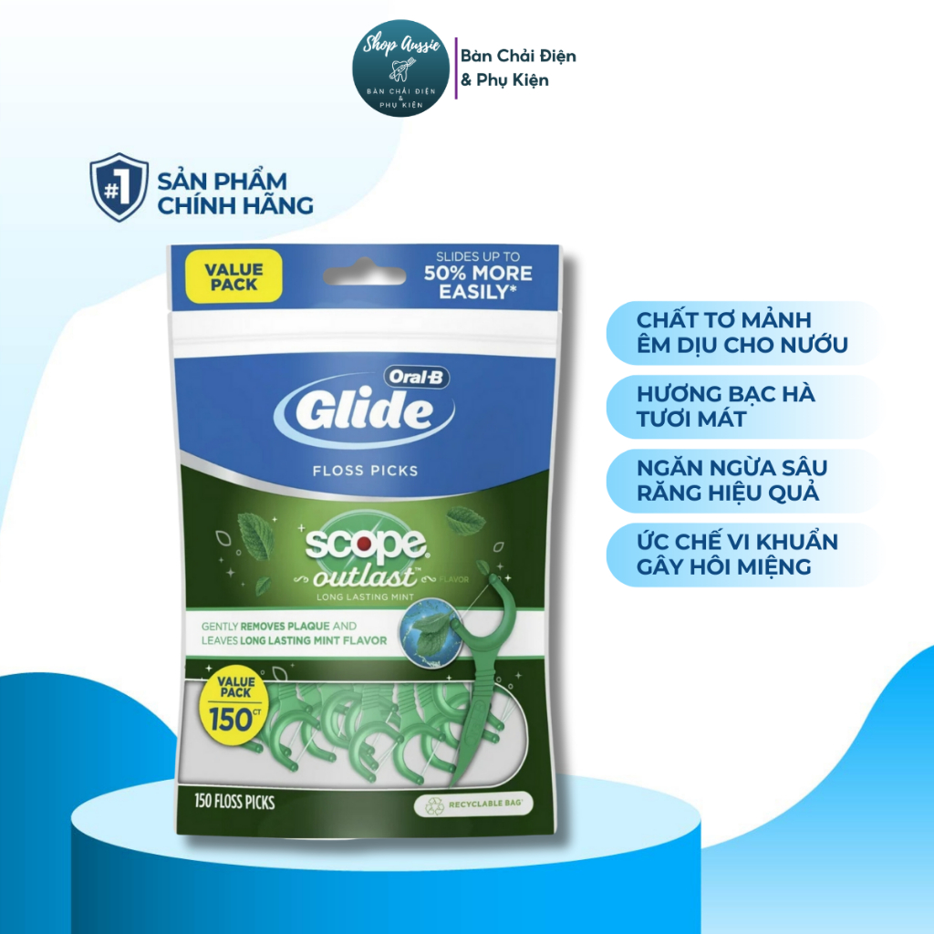 Tăm chỉ nha khoa Oral-B Glide Scope Outlast - Làm Sạch Kẽ Răng, Loại Bỏ Mảng Bám Thức Ăn Thừa, Túi 1