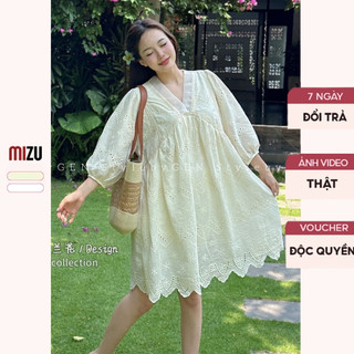 Váy Babydoll Cổ V Viền Tơ Dài Tay Chun Co Giãn - Đầm Hoa Thêu Dáng Suông Midi Xinh Xỉu 2 Màu Có Bigsize - Vải Boi PL
