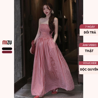 Váy Babydoll Trê Vai Viền Sọc Caro 2 Màu - Đầm Dự Tiệc Ôm Eo Dáng Maxi Xinh Xỉu Sang Trọng Có Bigsize - Vải Thô DV