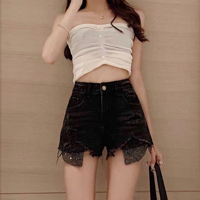Quần Short Jean Rách Tua Lộ Túi Đính Đá Dài Nhiều Màu