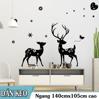 Decal trang trí tường - Cặp Nai Đen Nhí hoa văn xinh xinh