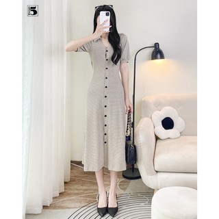 Đầm nữ Twentyfive dáng dài ôm sơ mi xẻ V cài cúc họa tiết kẻ ngang DQ25