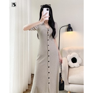 Đầm nữ Twentyfive dáng dài ôm sơ mi xẻ V cài cúc họa tiết kẻ ngang DQ25