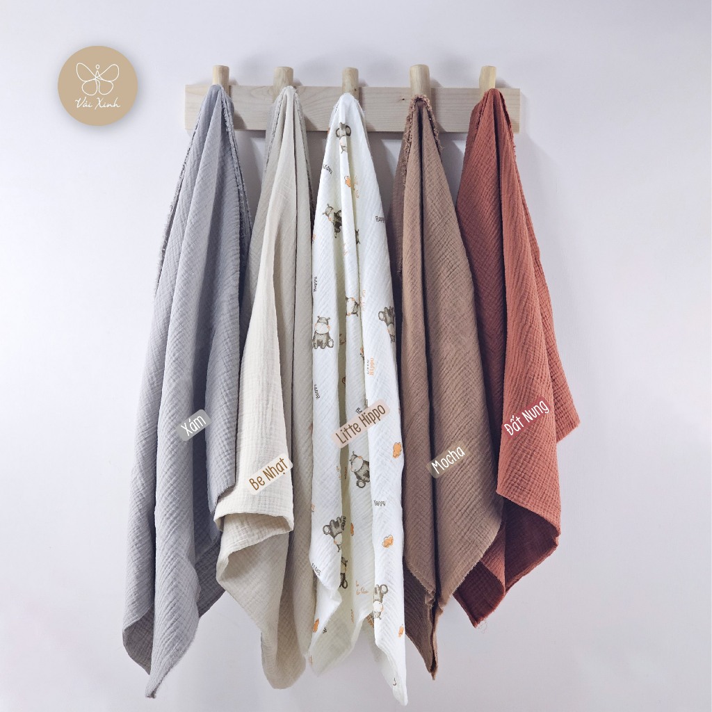 [ HIPPO HAPPY ] Vải Xô Muslin 2 lớp Siêu Mềm Họa Tiết Hippo may khăn tã cho bé