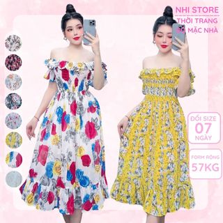 Đầm Maxi Voan Hoa NHISTORE Dáng Xòe  Trễ Vai Dún Thun Freesize Dưới 57kg