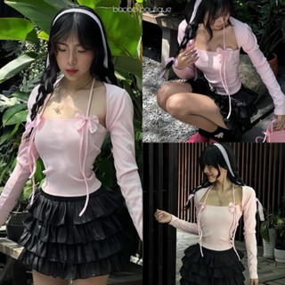 Set 3 món áo nơ hồng mix chân váy tơ tầng - Baobei boutique a06