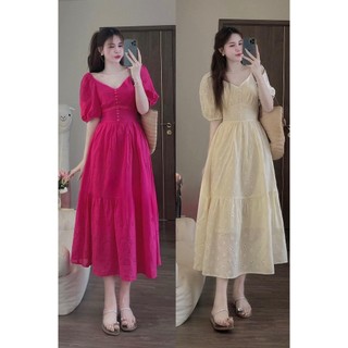Váy hở cổ V tay cộc chiết eo dáng xòe, Đầm váy trễ vai cộc tay body dáng dài bồng tiểu thư sang chảnh