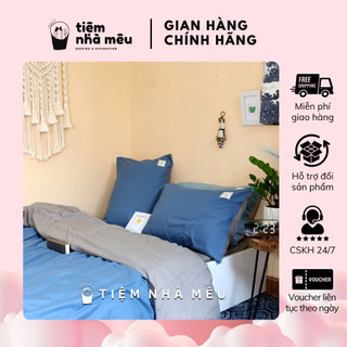 Bộ 4 Món Vỏ Chăn Ga Gối Cotton Tici Mix Xanh Dương Ga Xám Basic Phong Cách Tối Giản Tiệm Nhà Mêu