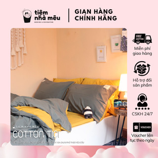 Bộ Chăn Ga Gối Cotton TC Nhập Hàn✨ m6/m8/2m - Tiệm Nhà Mêu✨ 2 Vỏ gối ,drap , vỏ chăn MÀU XÁM GA VÀNG