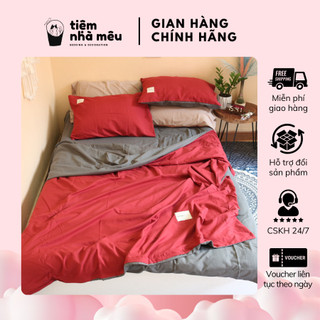 Bộ Vỏ Chăn Ga Gối Cotton TC Nhập Pc Hàn Set 4 Món MÀU ĐỎ PHỐI XÁM Thấm Hút Tốt Fullsize Tiệm Nhà Mêu