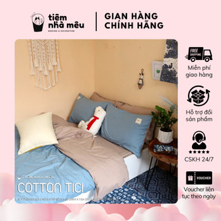 Bộ Chăn Ga Gối Cotton TC Nhập Hàn✨ m6/m8/2m - Tiệm Nhà Mêu✨ Set 4 Xanh Dương Ga Nâu Be
