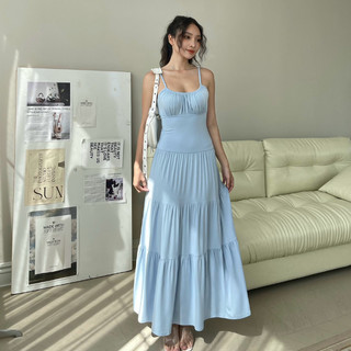Đầm maxi thun nữ 2 dây cổ tròn tùng xòe 3 tầng chất thun cotton lụa trơn co giãn tốt-Feliza clothing