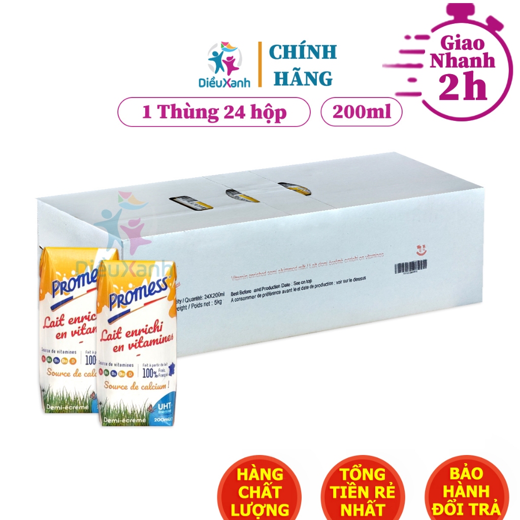Sữa Promess Vitamin Giàu Canxi Ít Béo 200ml - Sữa Tươi Tiệt Trùng Không Đường - Nhập Khẩu Pháp