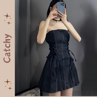 Đầm cúp ngực denim đan eo, đầm jeans ống cúp ngực thắt eo dáng chữ A ngắn cho nữ (có ảnh thật)