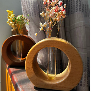 Lọ hoa gỗ thủy tinh có khung gỗ tròn vàng sang trọng, để bàn décor, sl03