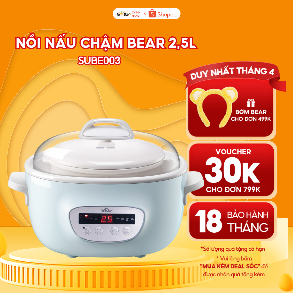 Nồi Nấu Chậm 2,5L Bear Chính Hãng Đa Năng Nấu Cháo, Chưng Yến Bản Tiếng Việt Bảo Hành 18 Tháng - SUBE003
