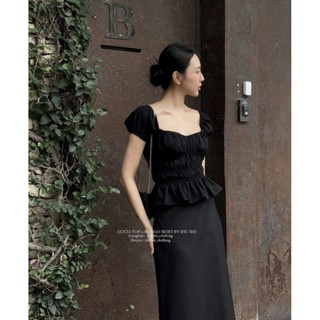 Áo Cộc Tay Cổ Vuông Vai Bồng Chất Liệu Linen Màu Đen Sang Chảnh Trẻ Trung b01