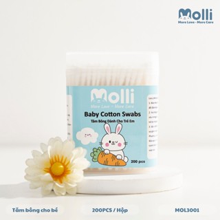 Tăm bông trẻ em Molli kháng khuẩn ( hộp 200 que lõi giấy) cho bé sơ sinh ngoáy tai, mũi