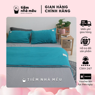 Bộ Chăn Ga Gối Cotton TC Nhập Hàn✨ m6/m8/2m - Tiệm Nhà Mêu✨Set 4 Món 2 Vỏ gối ,drap , vỏ chăn - Màu Xanh Coban Ga Xám