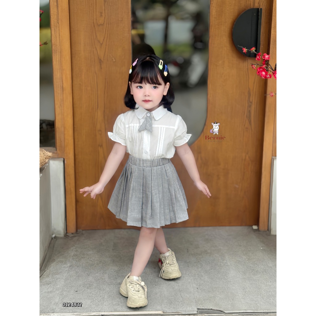 Bộ sơ mi đồng phục đôi cộc tay kèm cà vạt Bernie cho bé trai bé gái