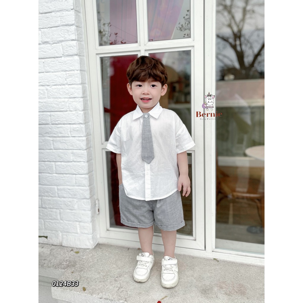 Bộ sơ mi đồng phục đôi cộc tay kèm cà vạt Bernie cho bé trai bé gái