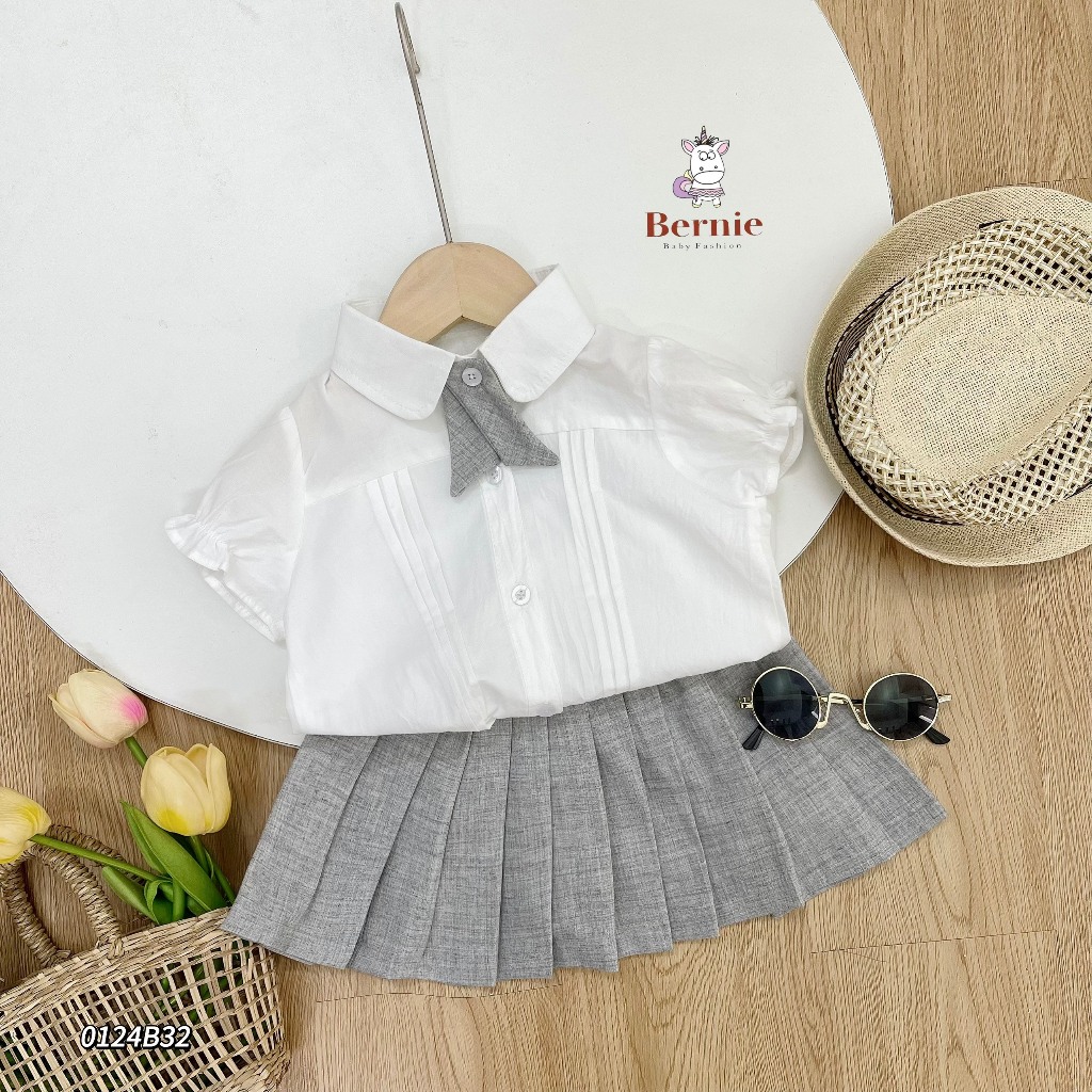 Bộ sơ mi đồng phục đôi cộc tay kèm cà vạt Bernie cho bé trai bé gái