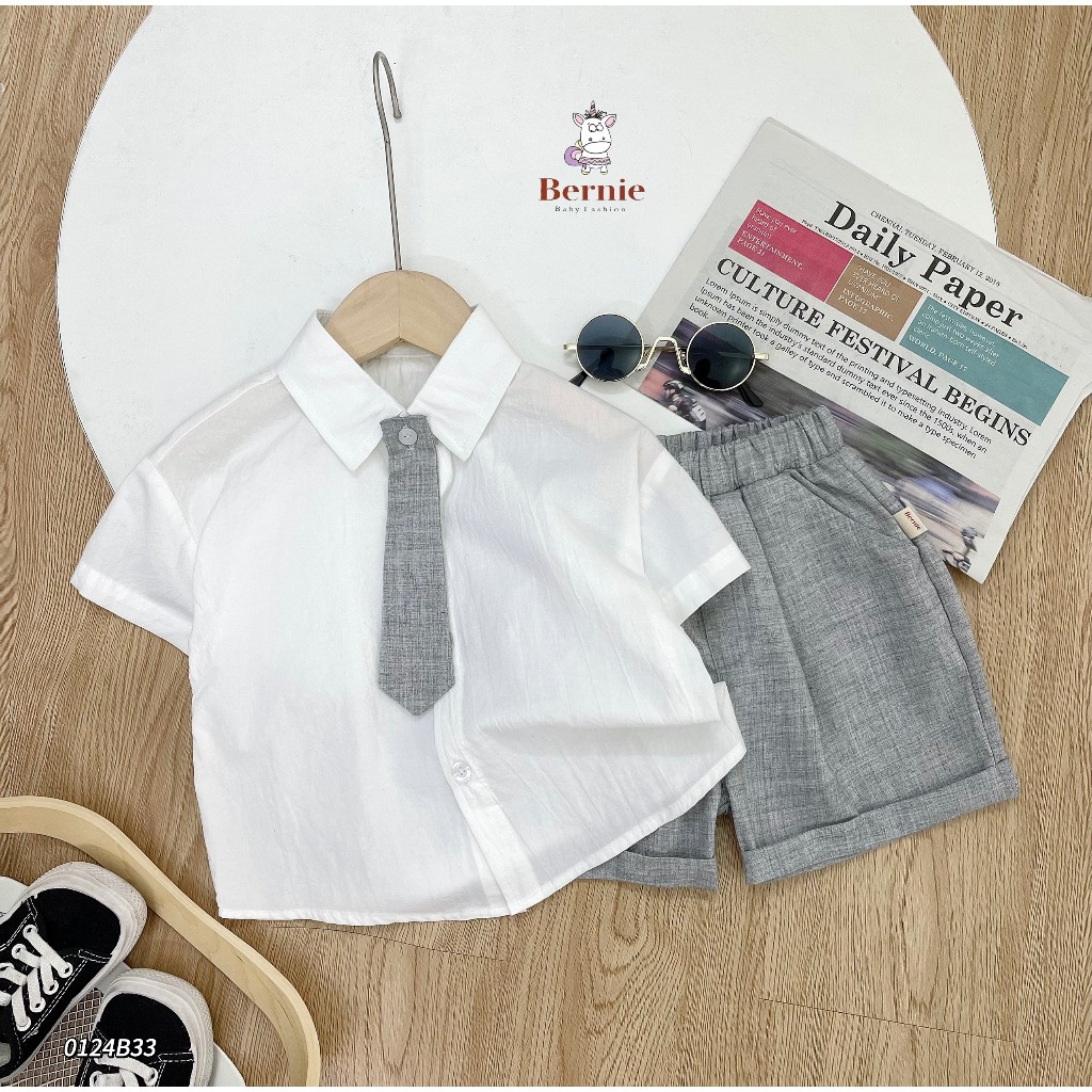 Bộ sơ mi đồng phục đôi cộc tay kèm cà vạt Bernie cho bé trai bé gái