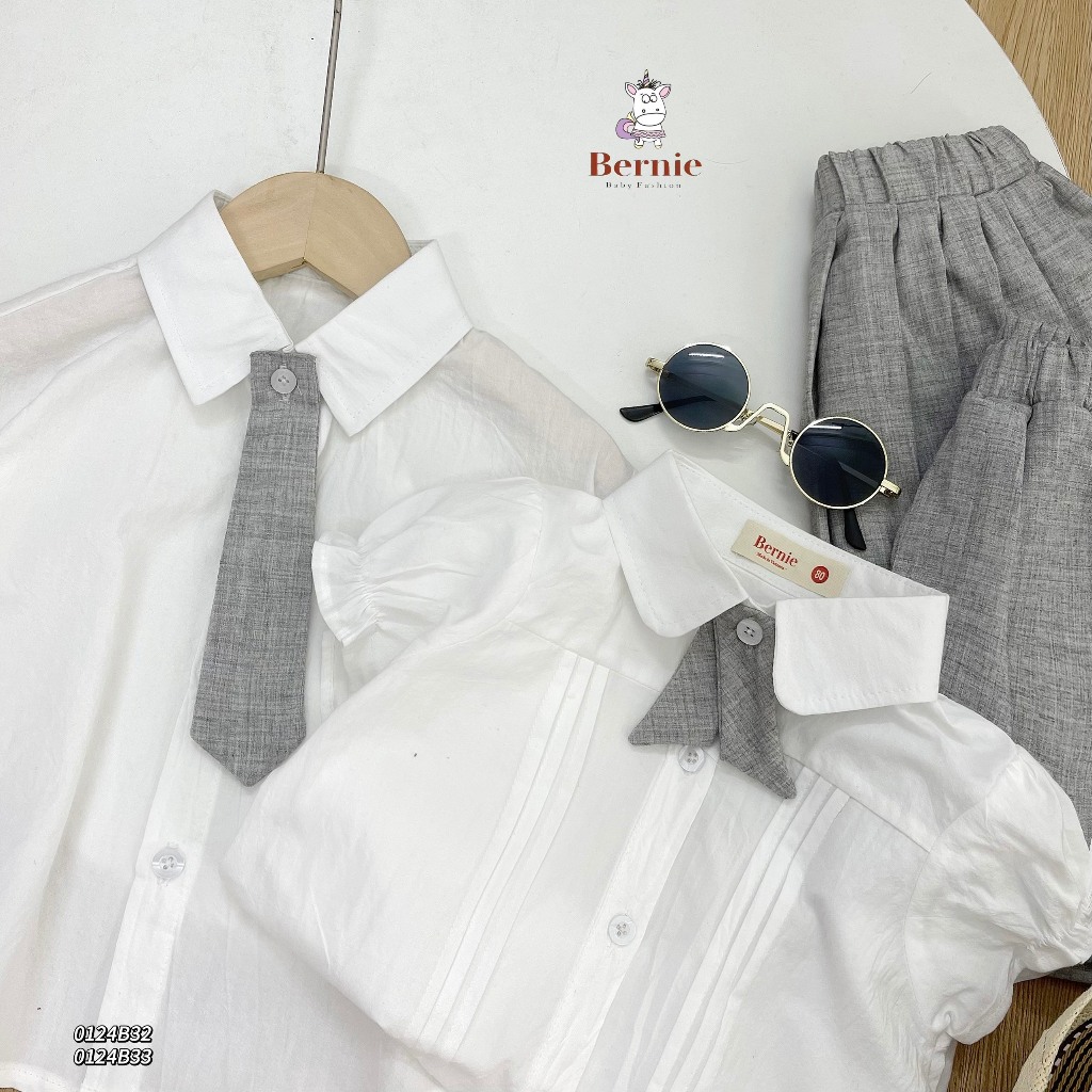 Bộ sơ mi đồng phục đôi cộc tay kèm cà vạt Bernie cho bé trai bé gái
