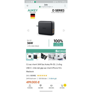 Củ sạc nhanh 36w sạc aukey pa-d2 , 2 cổng usb-c- chân dẹt gập sạc nhanh iphone 15 & macbook