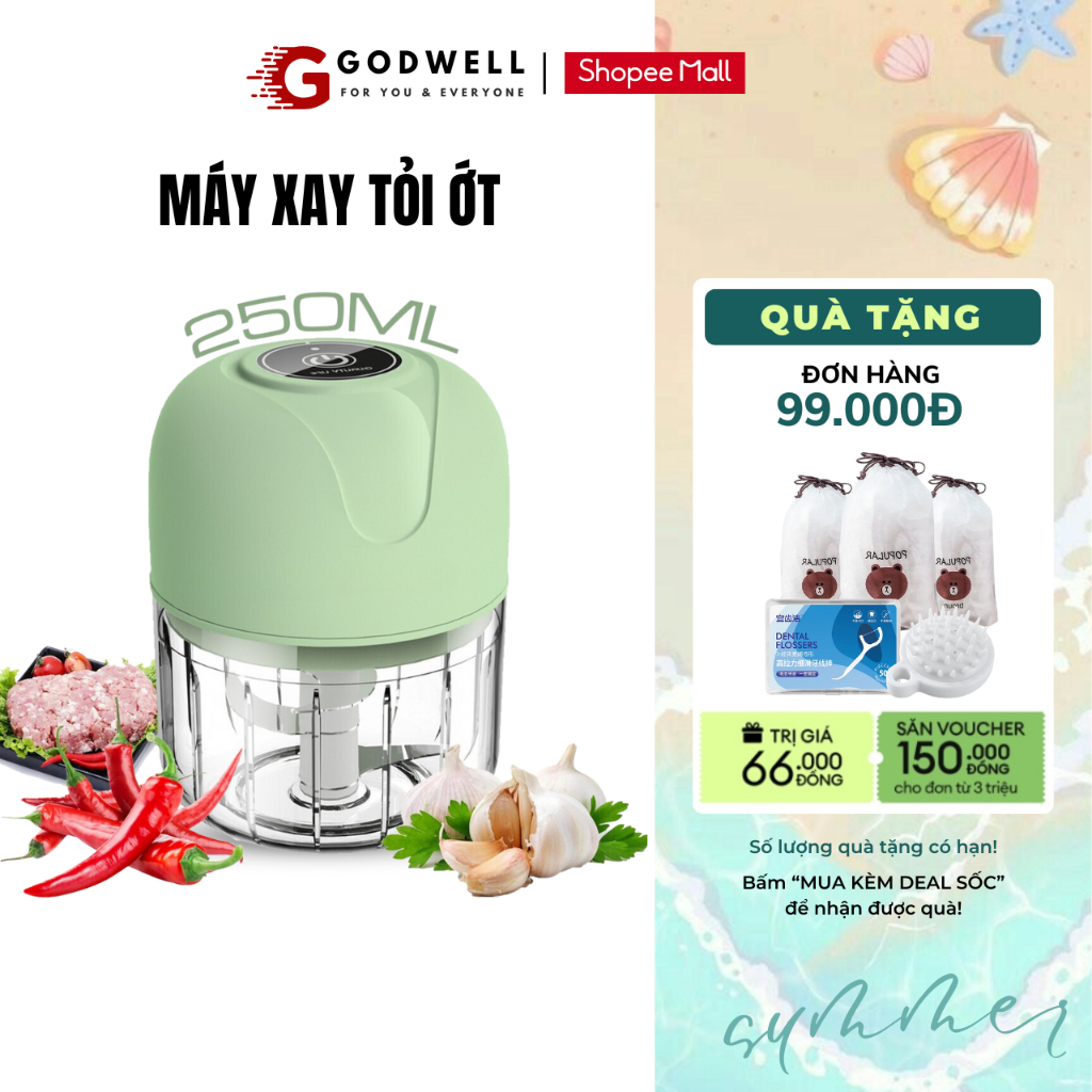 Máy Xay Mini Tỏi Ớt Cầm Tay Đa Năng GODWELL 250ml  Công suất 300W Sử Dụng Cổng Sạc USB Tiện Lợi