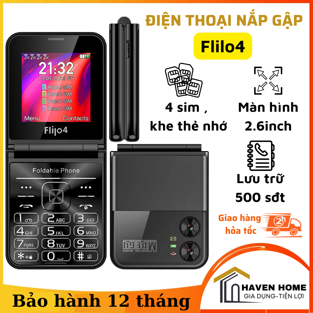 Điện Thoại Nắp Gập Flilo4 - 4 Sim , Chức Năng Thay Đổi Giọng nói - Lưu trữ 500 số - Kiểu Dáng Nắp Gậ