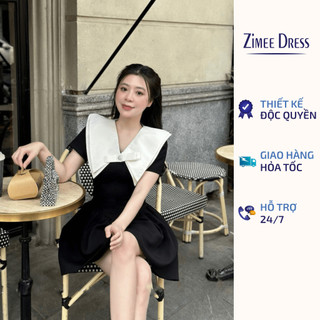  Váy Nữ Ngắn Tay Thiết Kế Phối Cổ Vát Đính Nơ Tiểu Thư Tạo Độ Phồng Đuôi Váy Váy Phối Cổ Vát Đính Nơ 