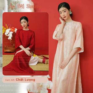 Áo dài suông dáng xưa tay lỡ cổ tròn chất gấm áo dài suông bầu chụp hình dự tiệc cưới hỏi trẻ trung.