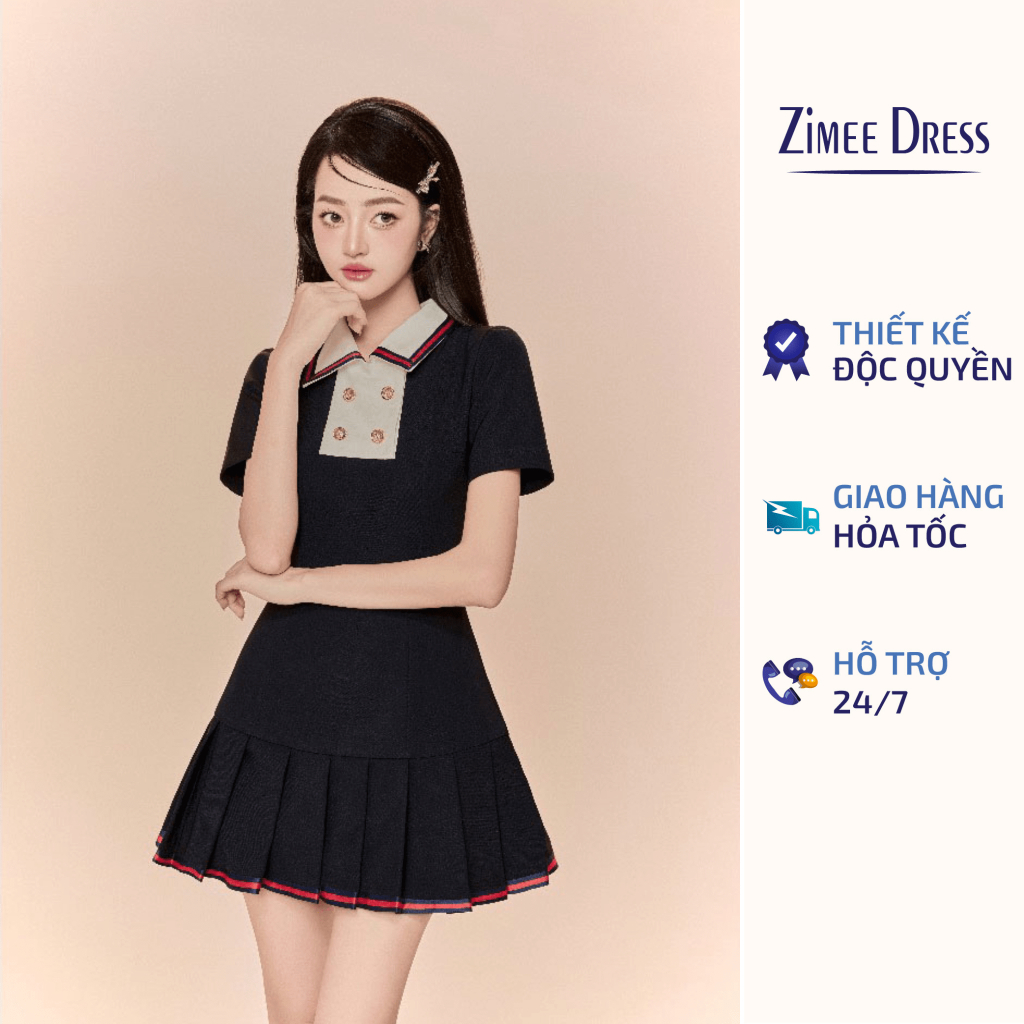 [Sẵn Hàng] Đầm Váy Liền Dáng Xòe Xếp Ly Đính Cúc Cổ Họa Tiết Xen Kẽ Libe Dress