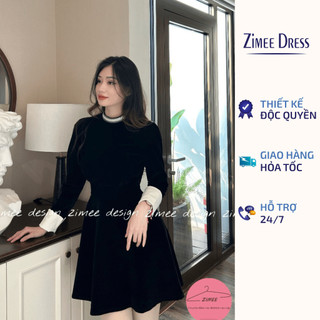 Váy Nhung Cổ Đính Ngọc Kết Hợp Tay Dài Trắng Có Khuy Tạo Điểm Nhấn Phong Cách Trẻ Trung, Váy Nhung V193