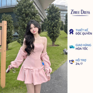 Set dạ hồng text hàn váy hai dây phối cùng áo khoác thiết kế dáng croptop tay bồng, set dạ hồng text hàn
