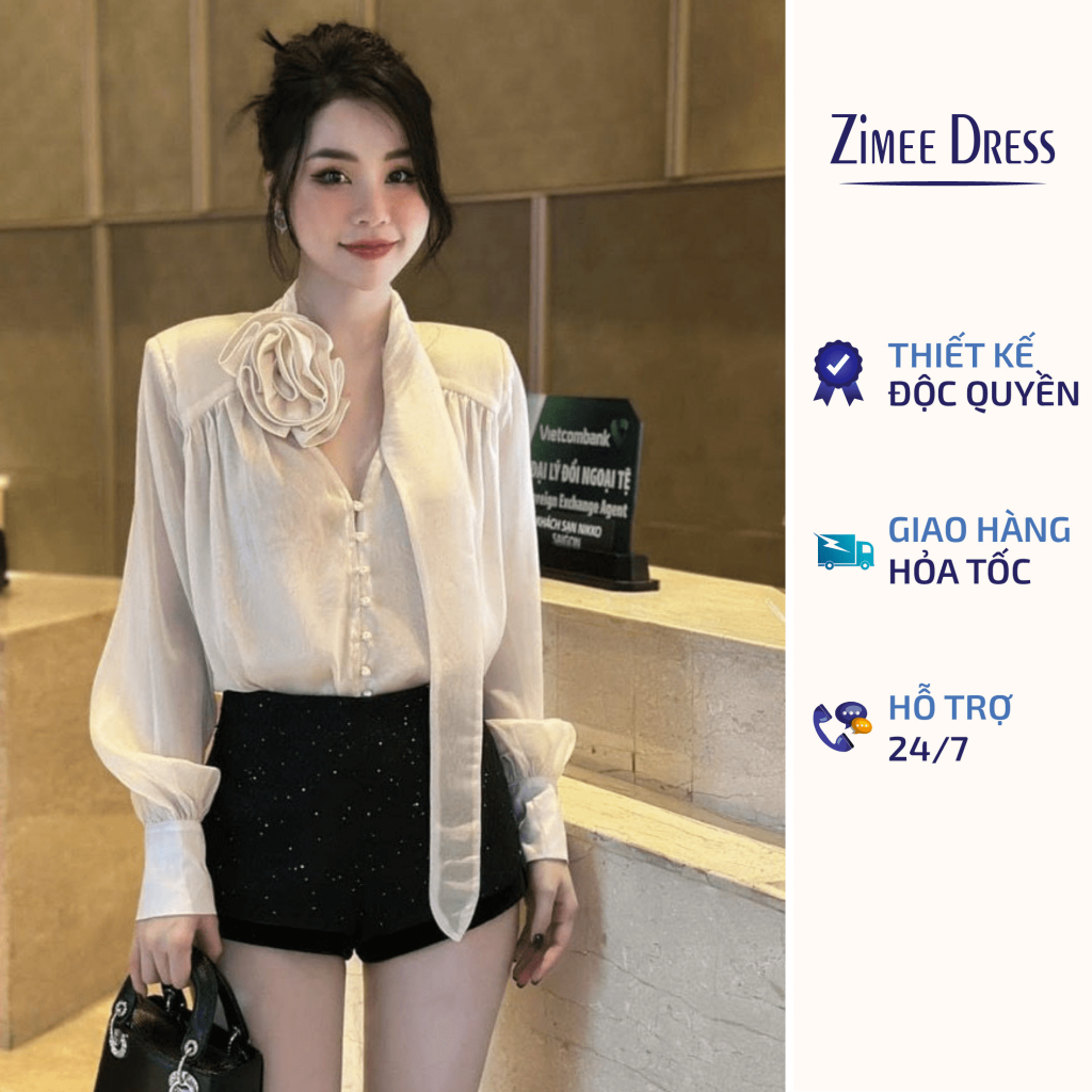 Áo Sơ Mi Tơ Đính Cổ Hoa Phối Cúc Ngọc Tiểu Thư, Áo Sơ Mi Công Sở, Áo Sơ Mi Đi Tiệc, Áo Sơ Mi Tơ Cổ Hoa