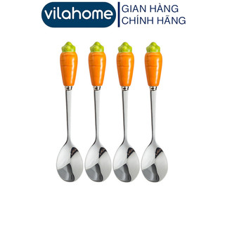 Thìa cán sứ inox vilahome, thìa cafe, ăn dặm dài 13cm, thìa cán sứ hình cà rốt