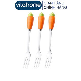 Dĩa inox cán sứ vilahome, dĩa inox ăn hoa quả, bánh ngọt dài 13cm, dĩa cán sứ hình cà rốt
