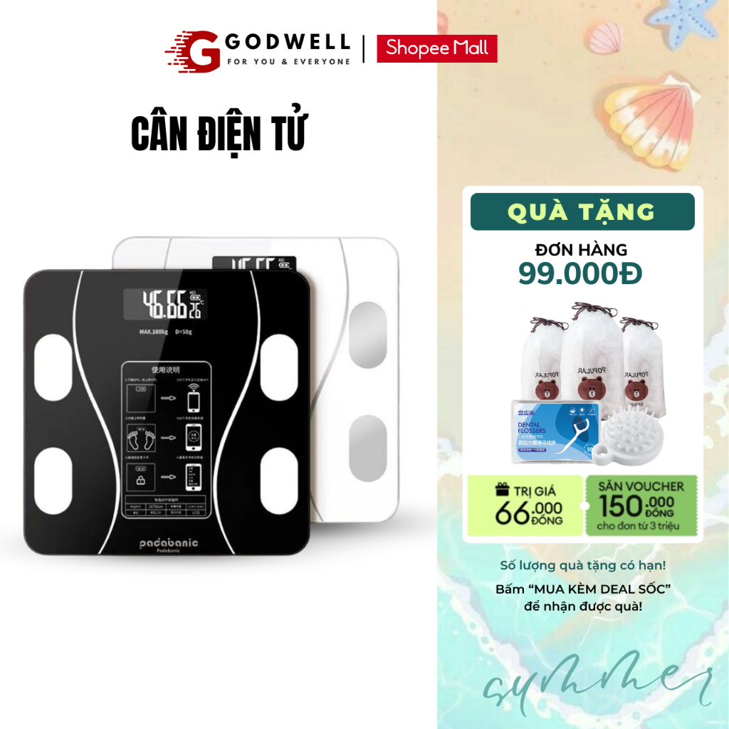 Cân Điện Tử GODWELL Sạc USB Kết Nối Bluetooth Phân Tích Chỉ Số Cơ Thể Trọng Lượng Tối Đa 180kg