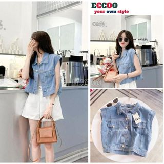 Áo gile bò croptop xanh trơn, áo khoác nữ sát nách chất bò dày dặn dáng ngắn phong cách ulzzang hàn quốc - ECCOO