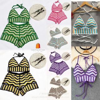 Set Ren Lưới Đan 2 Món Gồm Quần Và Áo Bra, Bộ Bikini Đi Biển Phối Sọc Ngang Màu Siêu Xinh Hàng Qccc Shopquacam