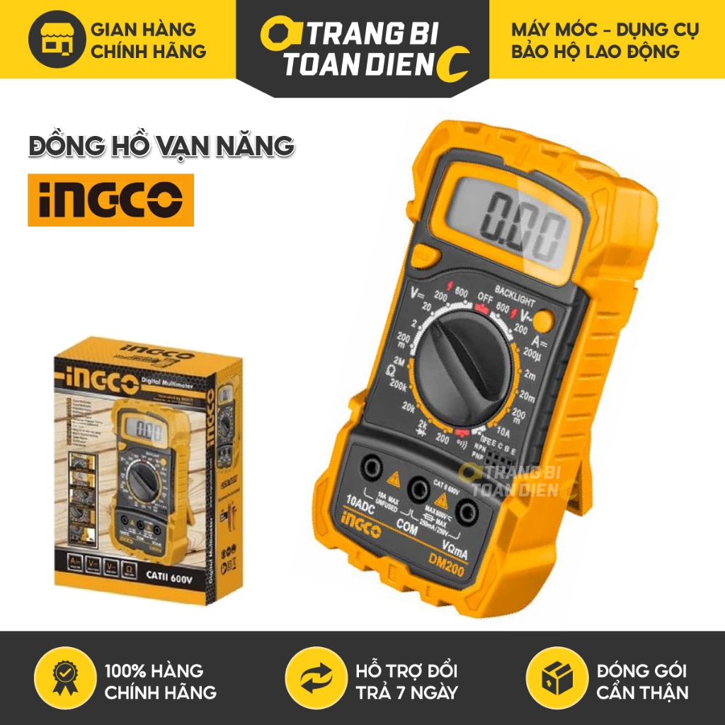 Đồng hồ đo điện vạn năng INGCO DM200, Màn hình LCD 1999 số đếm, Đèn nền, Đồng hồ đo điện chính hãng - Trang bị toàn diện