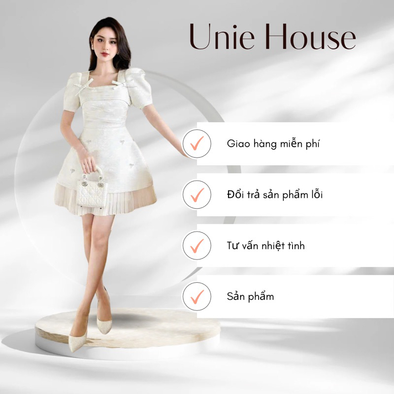 Đầm dự tiệc đính đá sang trọng chất vải vân đá cao cấp chân váy xếp ly tặng 5 tag đá- Unie House UH14
