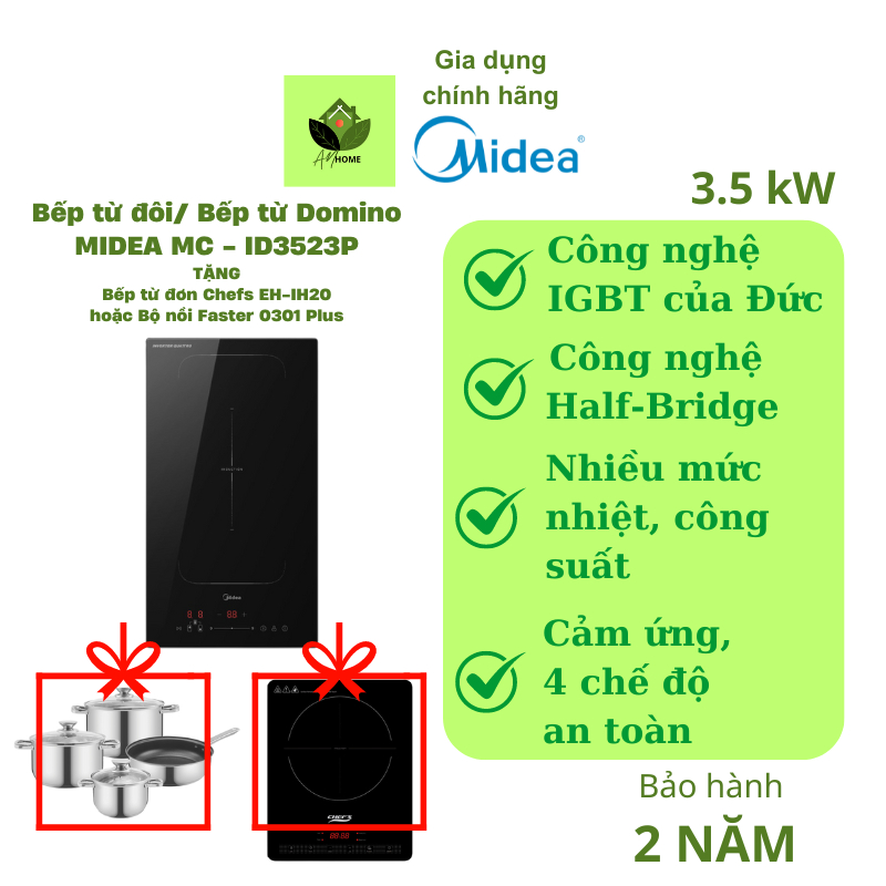 Bếp từ đôi/ Bếp từ Domino MIDEA MC - ID3523P TẶNG kèm 1 bếp từ đơn Chefs EH-IH20 1,5tr hoặc bộ nồi Faster 0301 Plus 2tr